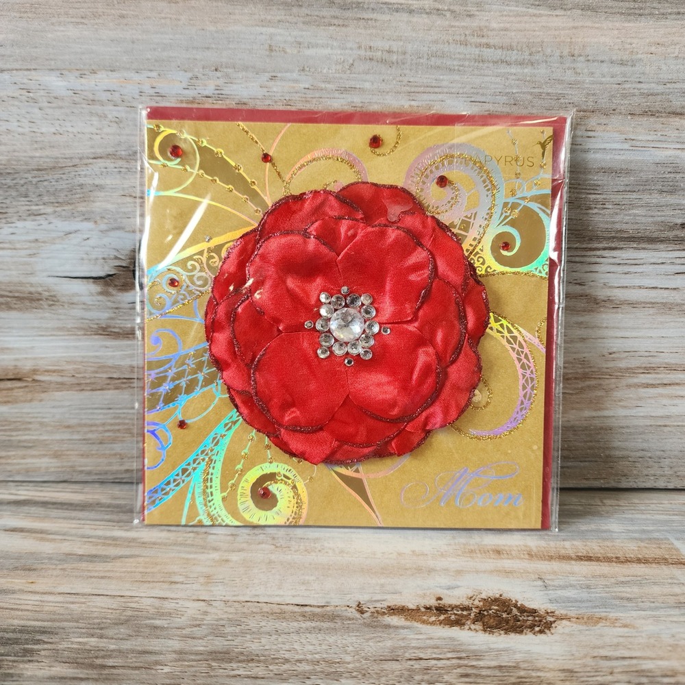 Papyrus Christmas Card for Mom Red Fabric Flower Rhinestones Gail Flores